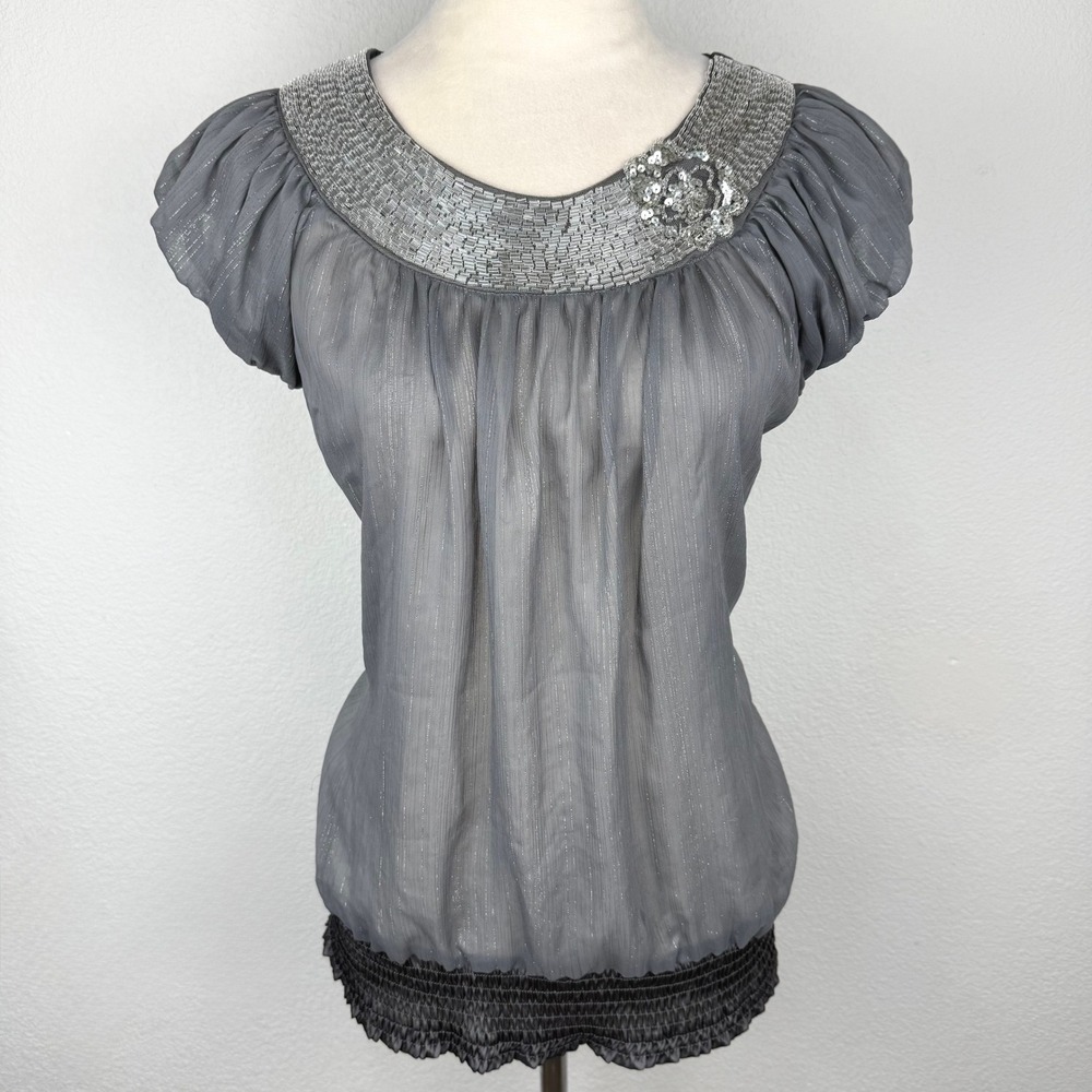 Y2K Vanity Grey Metallic Beaded Neckline Pinstripe Blouse Sheer Smocked Hem Top
